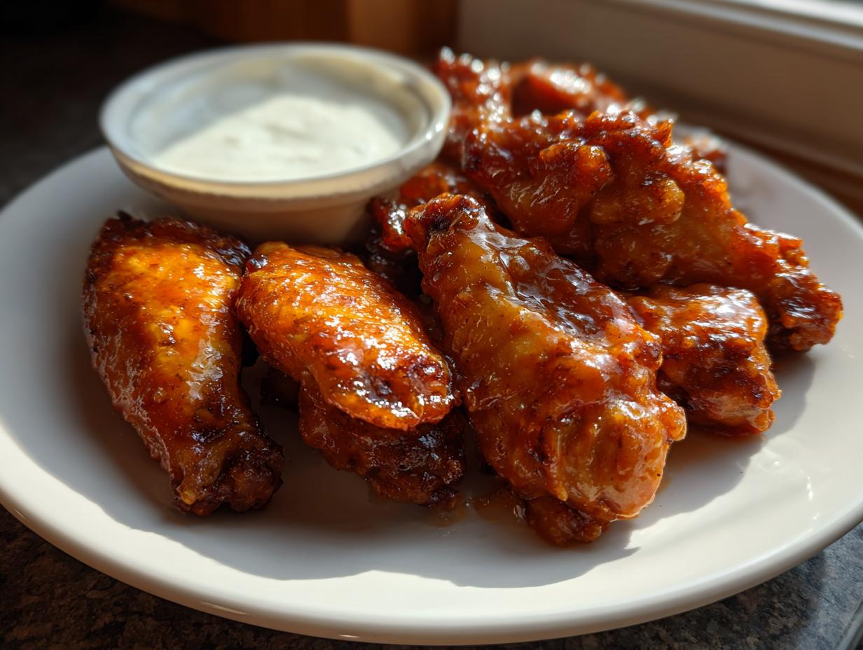Plate of glazed chicken wings with a side of creamy dipping sauce, perfect super bowl appetizers