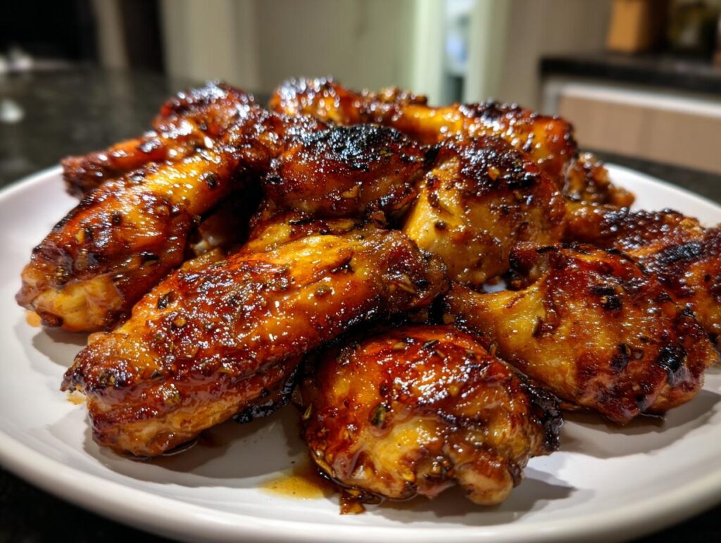 Plate of glazed grilled chicken wings with a shiny, caramelized coating.