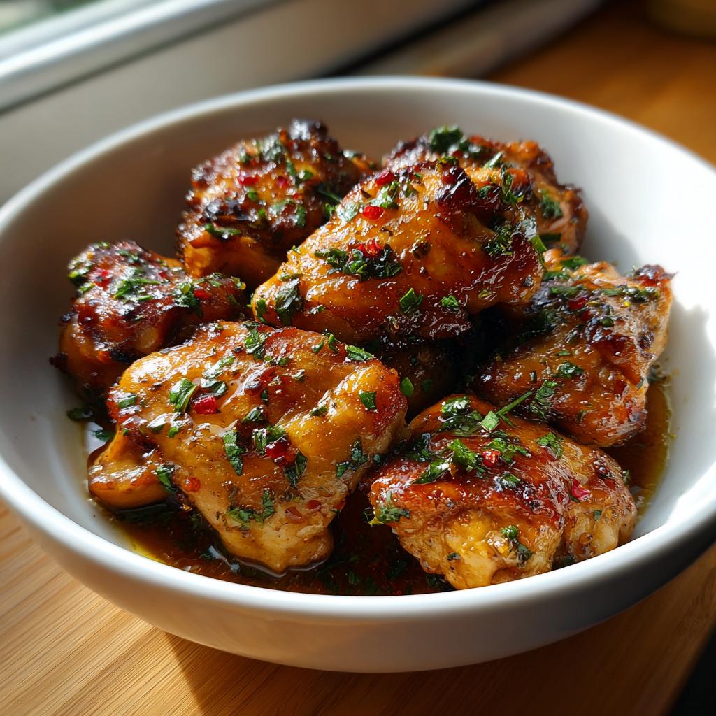 Bowl of glazed herb chicken pieces with sauce, representing slow cooker recipes