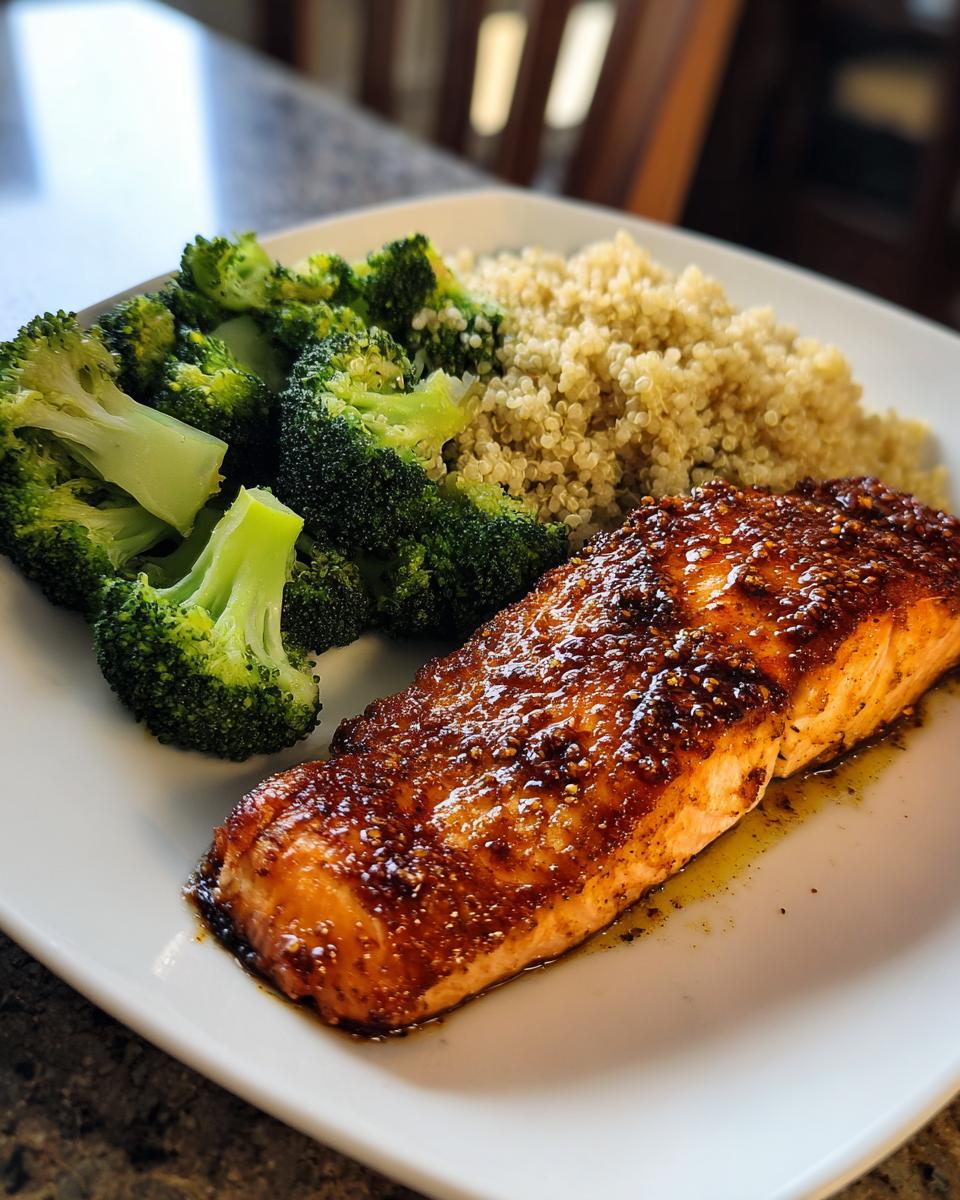 Glazed salmon fillet served with steamed broccoli and quinoa on a white plate.