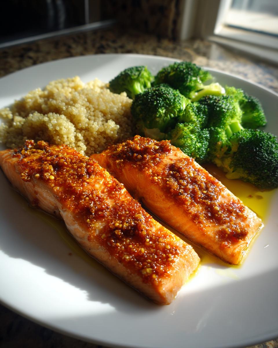 Two glazed salmon fillets served with quinoa and steamed broccoli on a white plate.