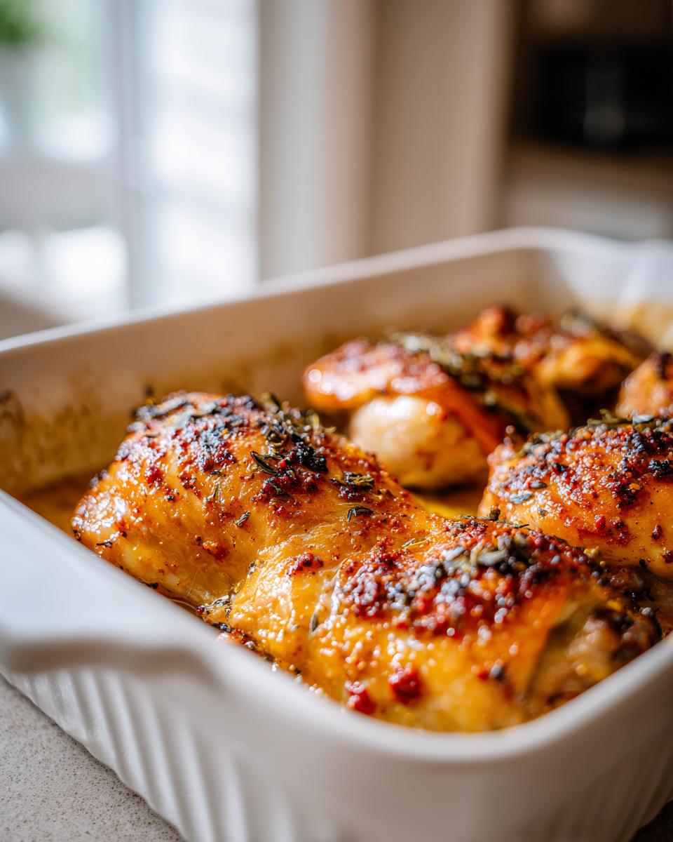 Close-up of golden baked chicken thighs seasoned with herbs in a white baking dish.