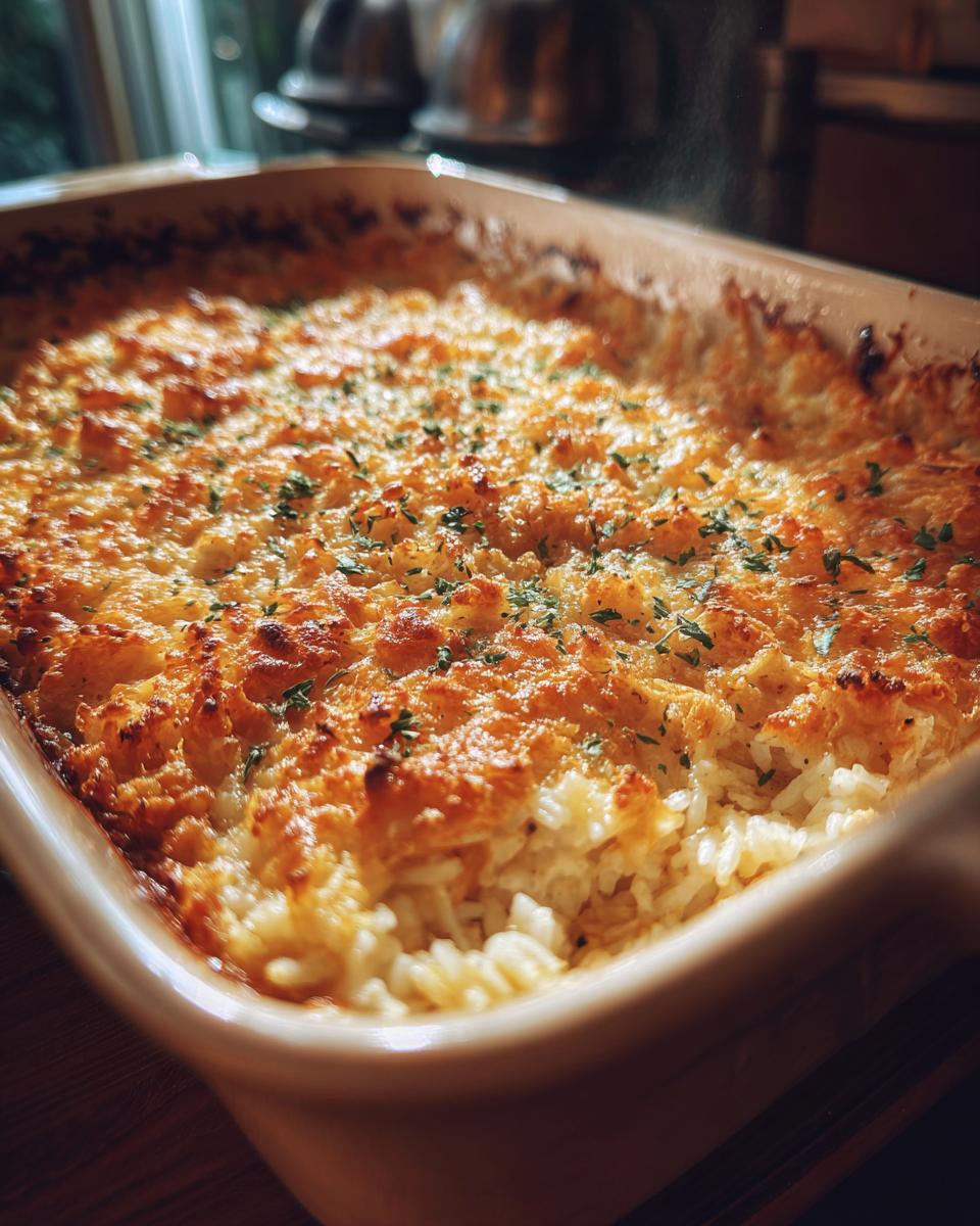 Close-up of golden baked rice and chicken casserole iftar in a ceramic dish garnished with herbs