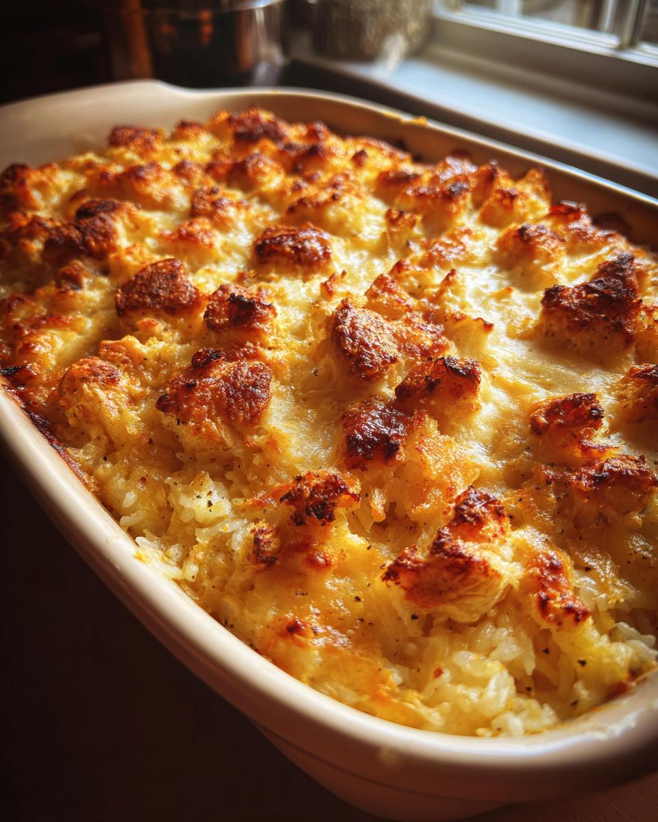 Close-up of golden baked rice and chicken casserole iftar in a white ceramic dish.