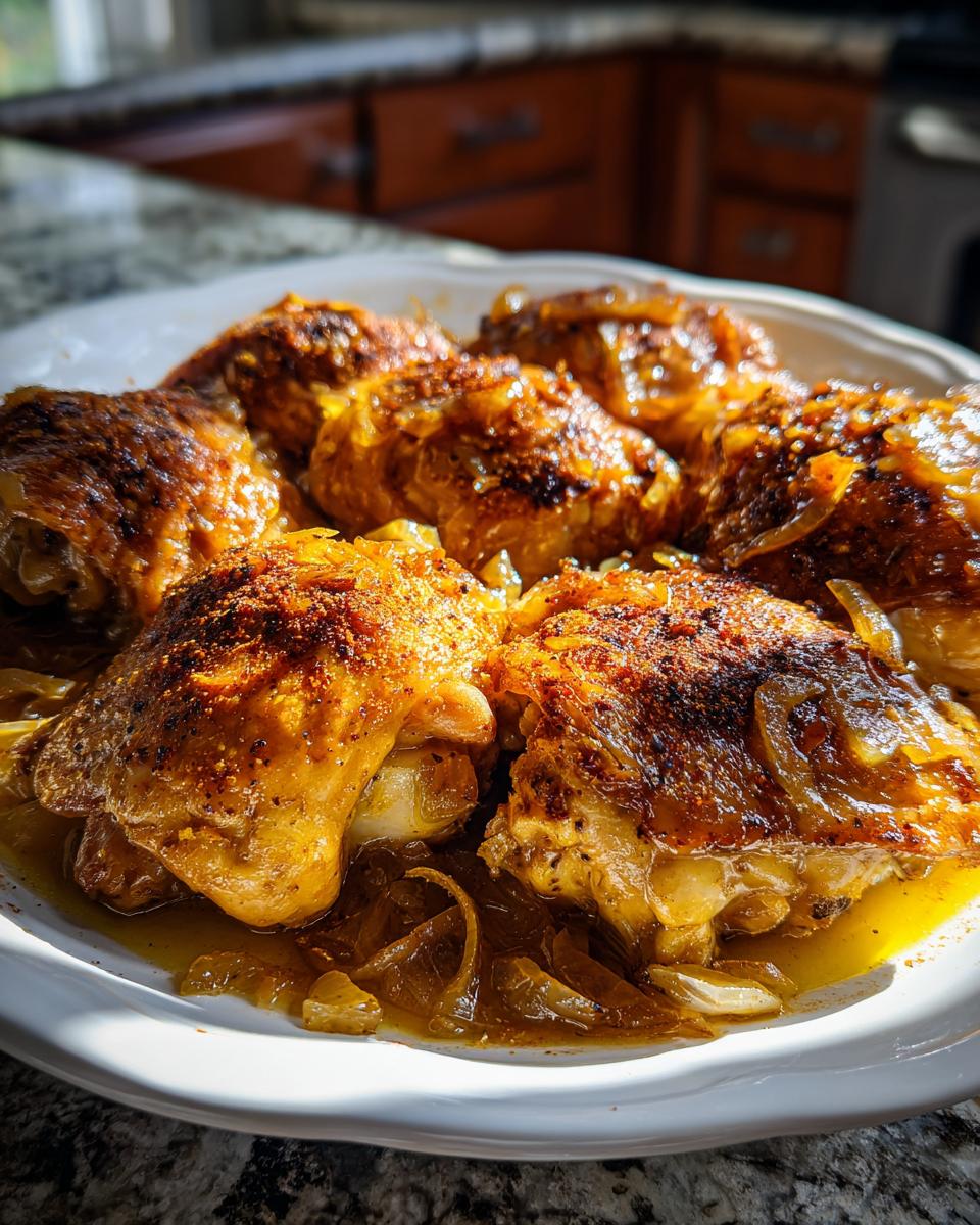 Plate of golden brown chicken thighs cooked with onions, perfect for ramadan instant pot chicken recipes.