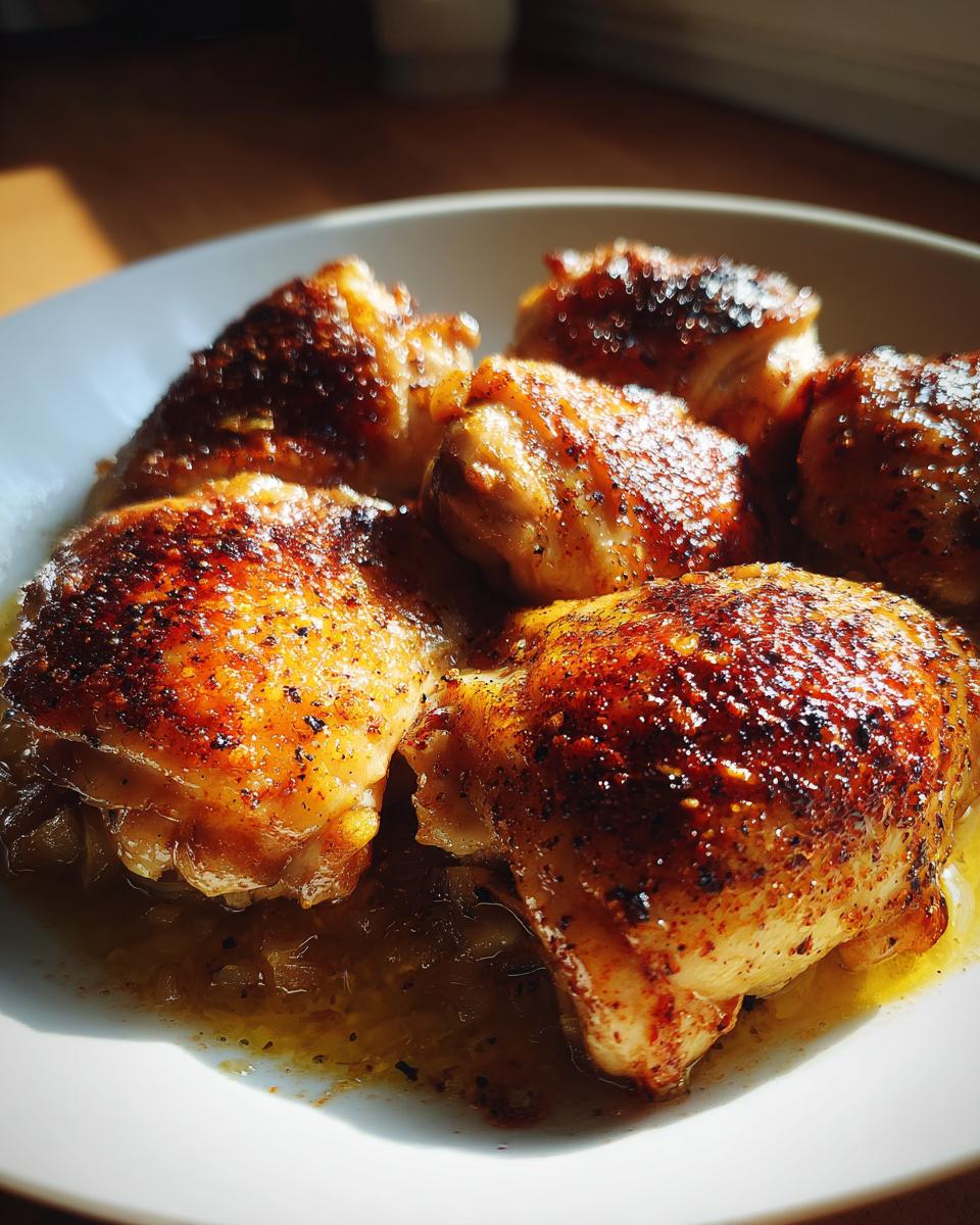 Close-up of golden brown chicken thighs cooked in an Instant Pot with seasoning and juices