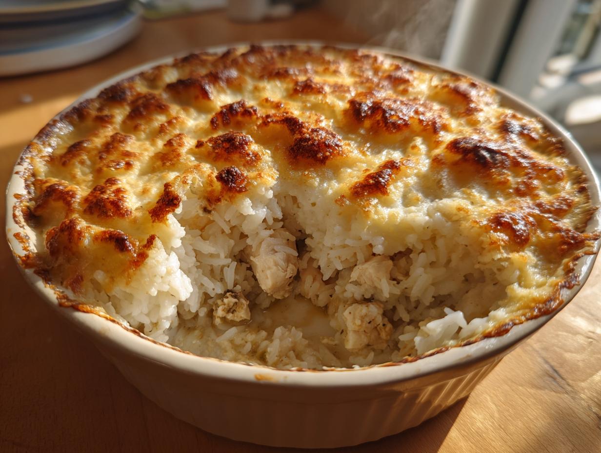 Close-up of a golden baked rice and chicken casserole iftar with a portion scooped out.