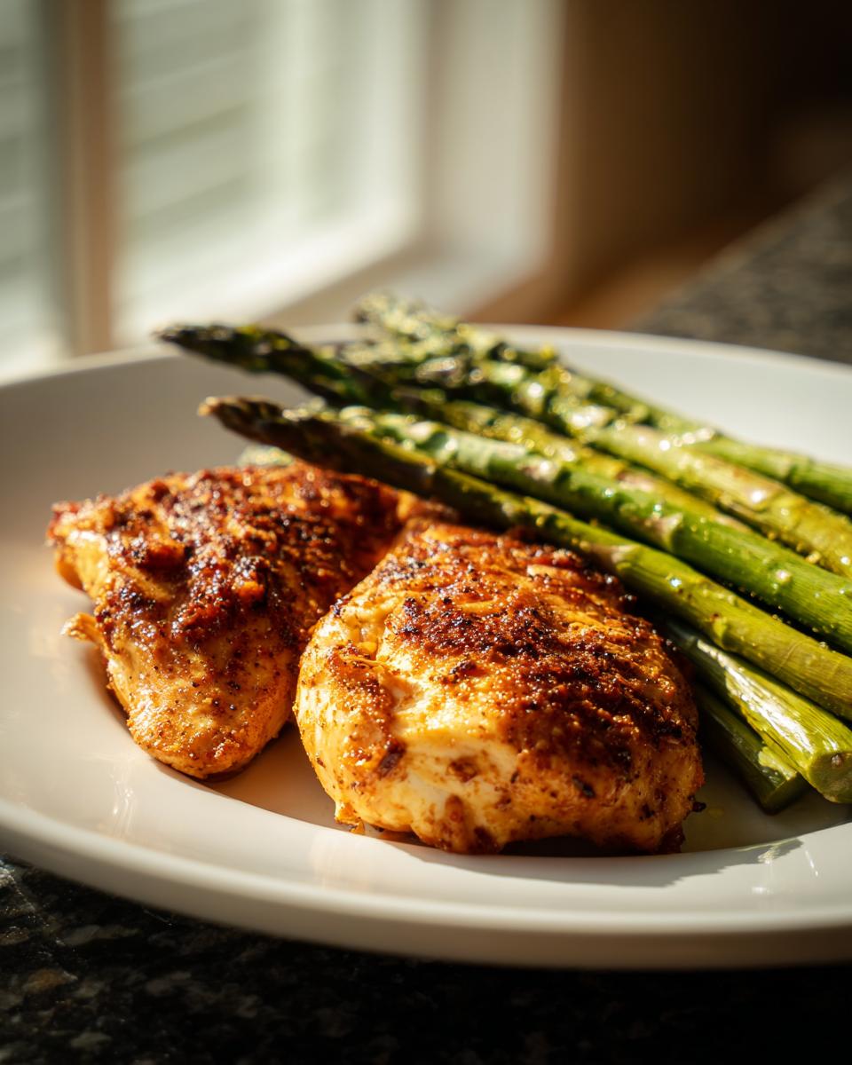 Plate with grilled chicken breasts and roasted asparagus for valentines dinner ideas