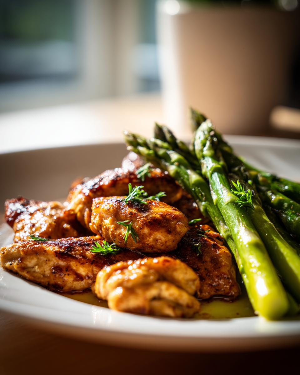 Plate of grilled chicken breasts garnished with herbs and fresh asparagus for valentines dinner ideas
