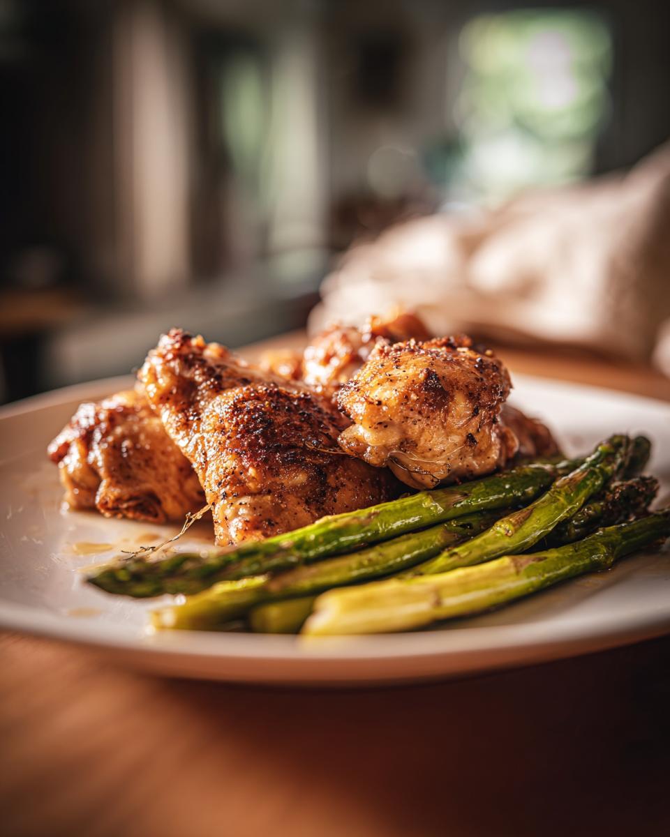 Plate of grilled chicken pieces with seasoned asparagus, perfect valentines dinner ideas
