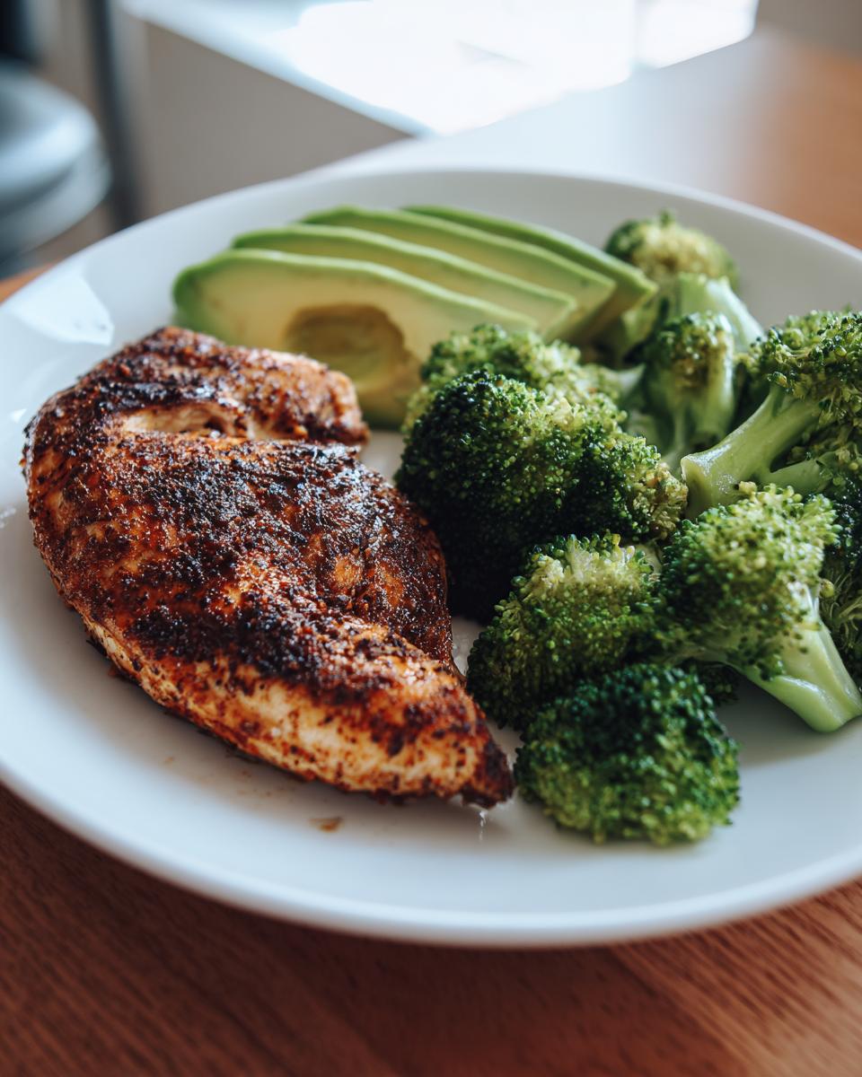 Plate with grilled chicken breast, steamed broccoli, and sliced avocado for low carb dinners