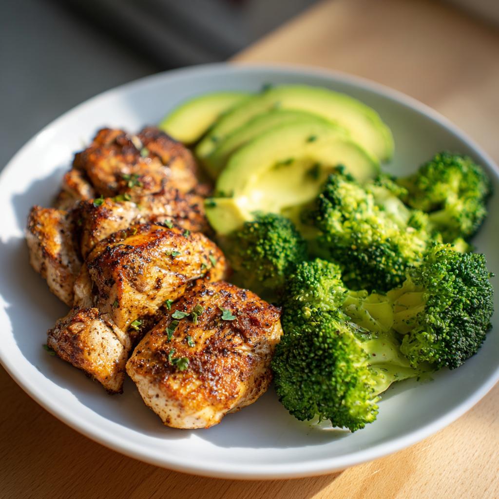 Plate of grilled chicken, steamed broccoli, and sliced avocado for low carb dinners