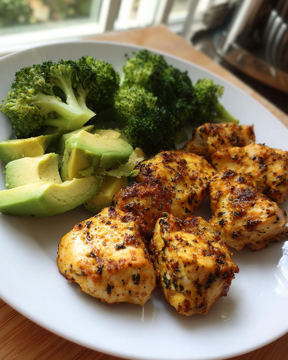 Plate of grilled chicken pieces with broccoli florets and sliced avocado for low carb dinners
