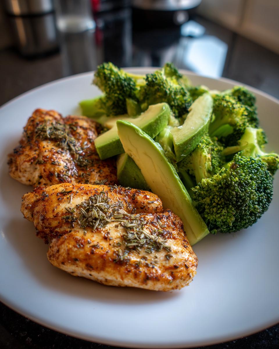 Plate of grilled chicken breast with herbs, steamed broccoli, and sliced avocado low carb dinners