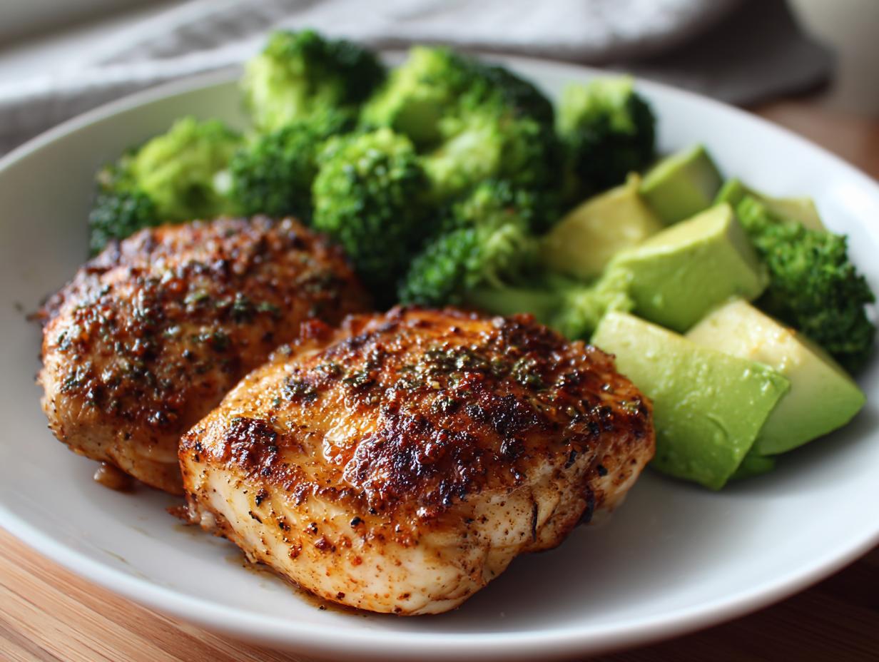 Plate with grilled chicken, steamed broccoli, and avocado chunks for low carb dinners