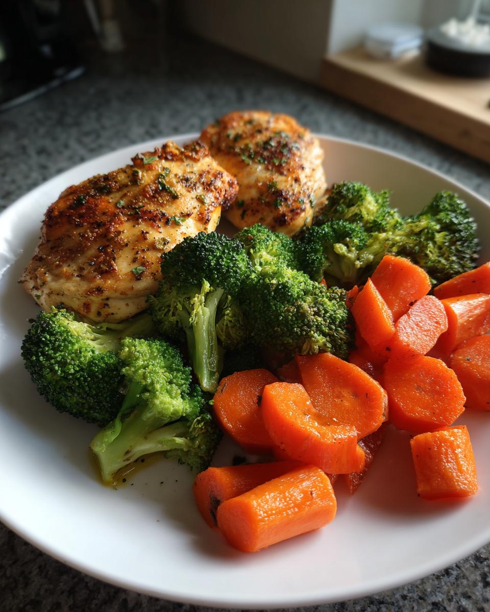 Plate of grilled chicken breast with steamed broccoli and sliced carrots, healthy chicken recipes