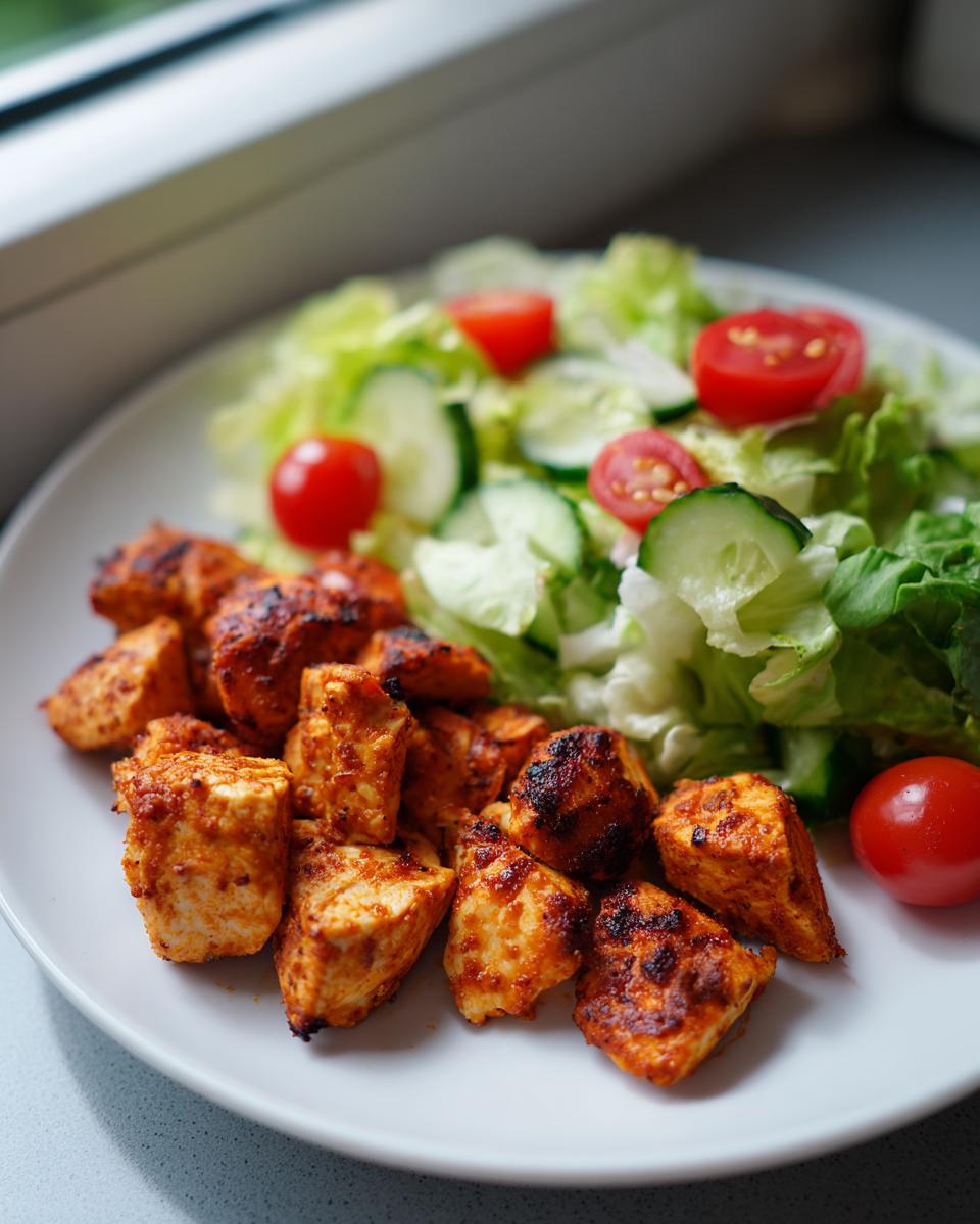 Grilled chicken pieces with fresh cucumber, cherry tomatoes, and lettuce salad on a white plate for high protein iftar recipes.