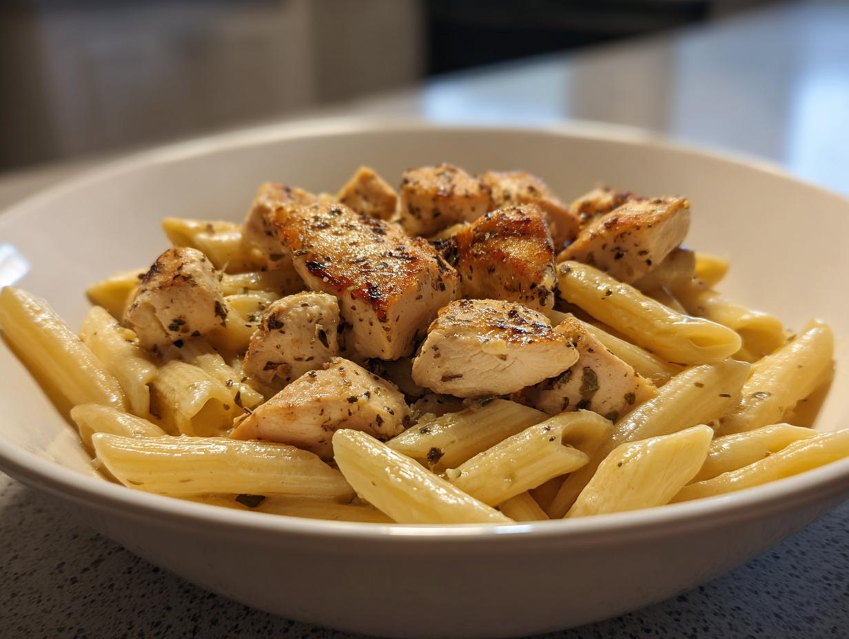 Bowl of penne pasta topped with grilled herb-seasoned chicken pieces