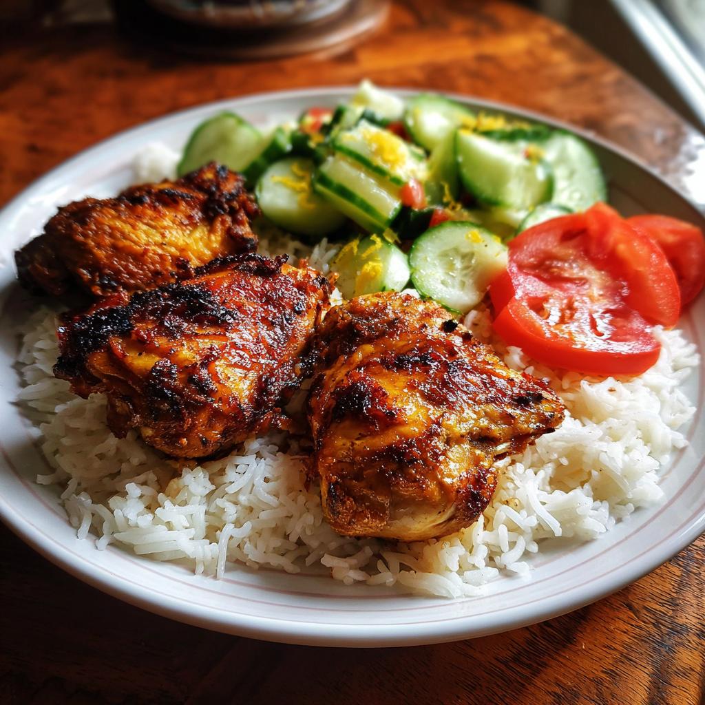 Plate of grilled chicken thighs served on white rice with cucumber and tomato salad, easy iftar recipes for family