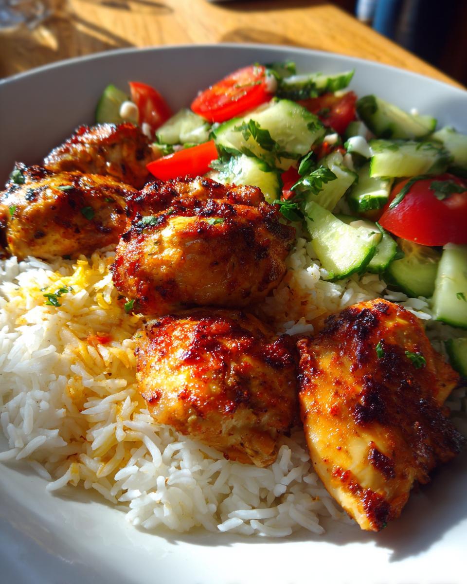 Grilled chicken pieces served on white rice with fresh cucumber and tomato salad, easy iftar recipes for family