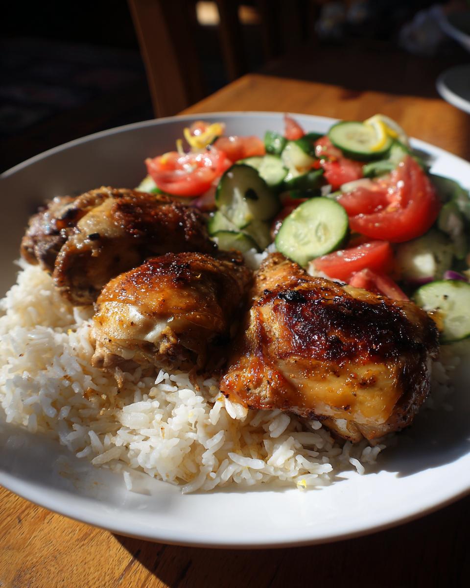 Plate of grilled chicken thighs served with white rice and fresh cucumber tomato salad, easy iftar recipes for family