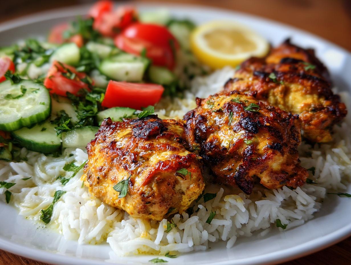 Grilled chicken pieces served on white rice with fresh cucumber and tomato salad, lemon wedge on the side