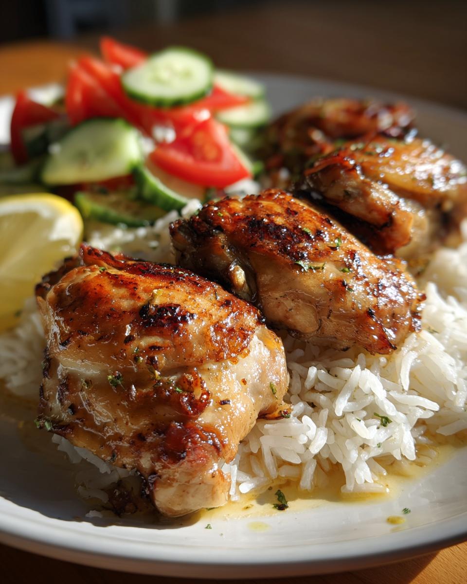 Grilled chicken thighs served on white rice with cucumber and tomato salad, lemon wedge on the side