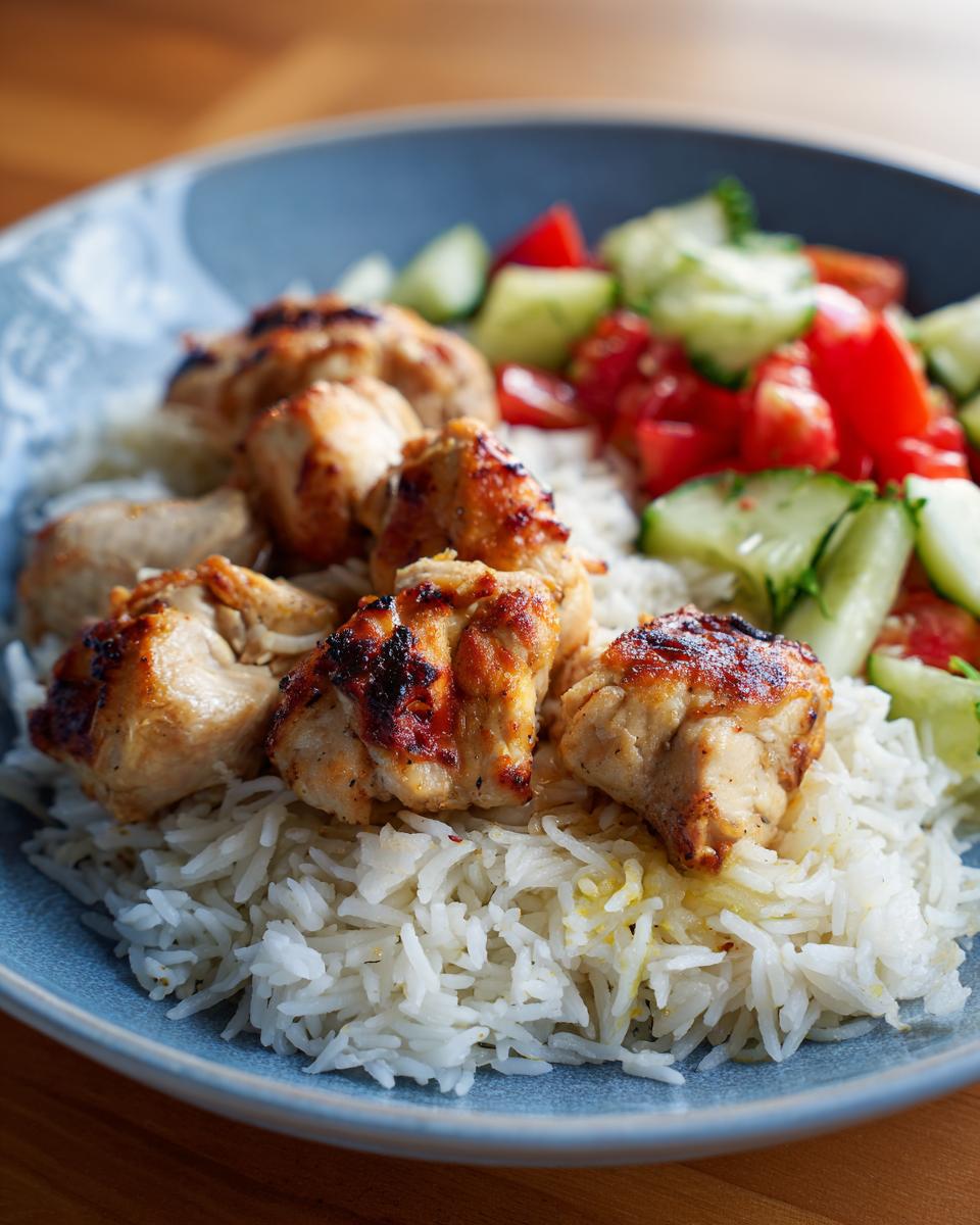 Grilled chicken pieces served on white rice with cucumber and tomato salad on a blue plate.