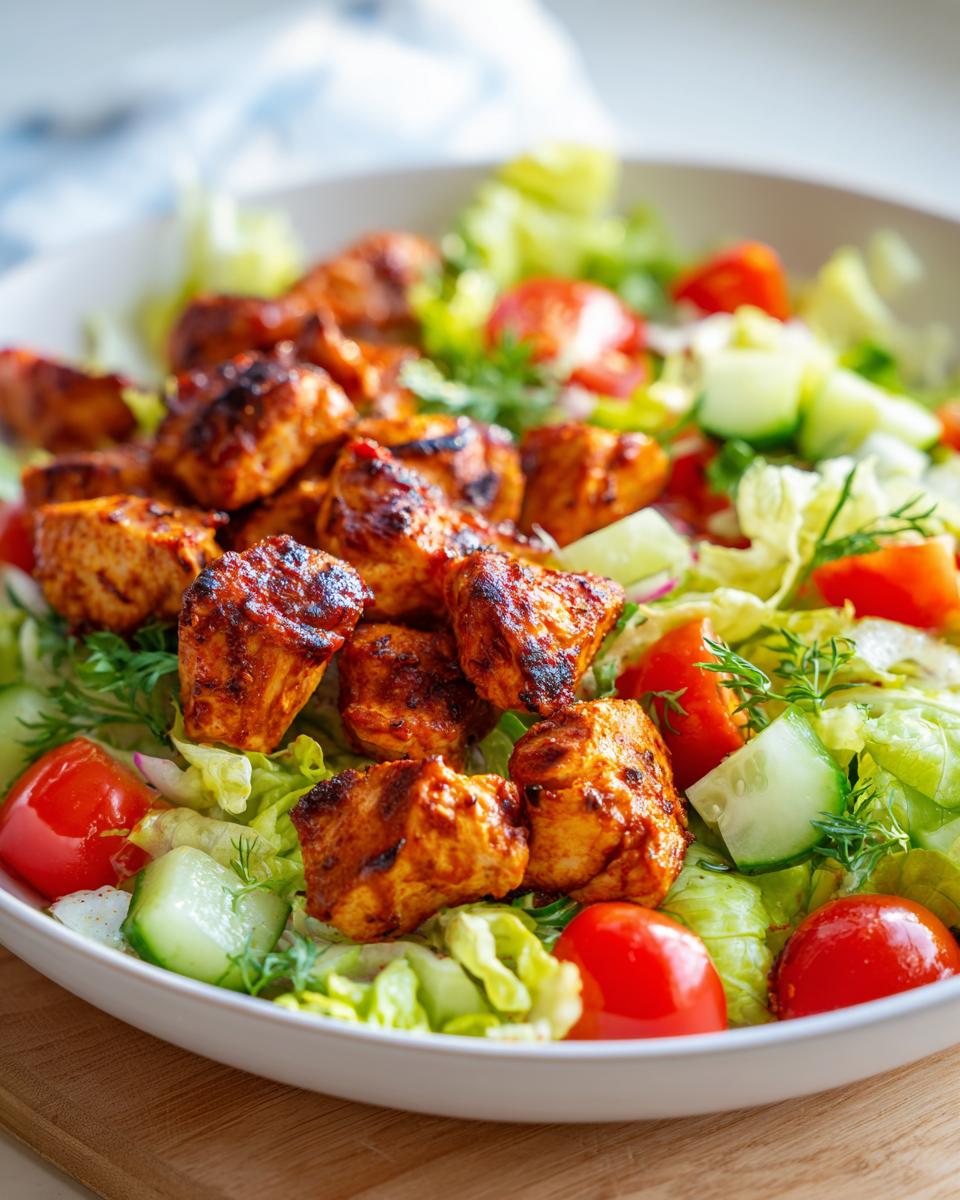 Grilled chicken pieces on fresh salad with tomatoes and cucumbers for high protein iftar recipes