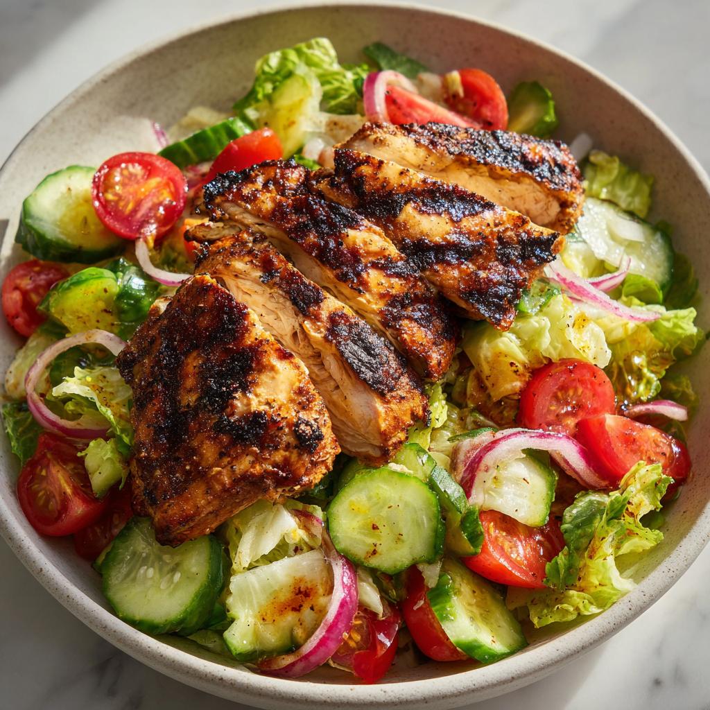 Grilled chicken served on a fresh salad with cucumbers, tomatoes, and red onions in a bowl