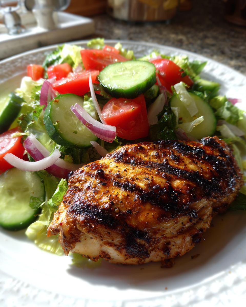 Plate with juicy grilled chicken and fresh salad of cucumber, tomato, and red onion for grilled chicken and salad iftar