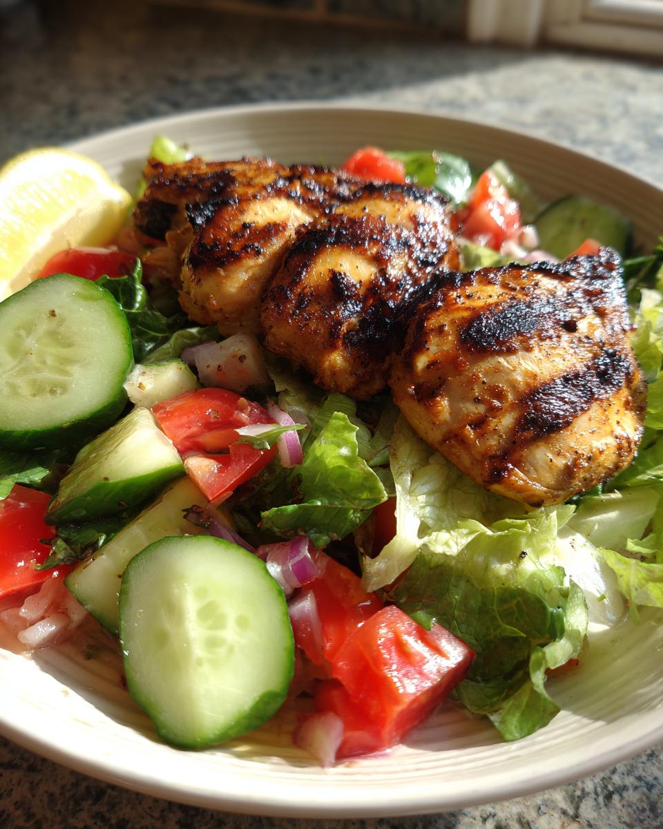 Plate of grilled chicken and salad iftar with cucumber, tomato, lettuce, and lemon wedge.