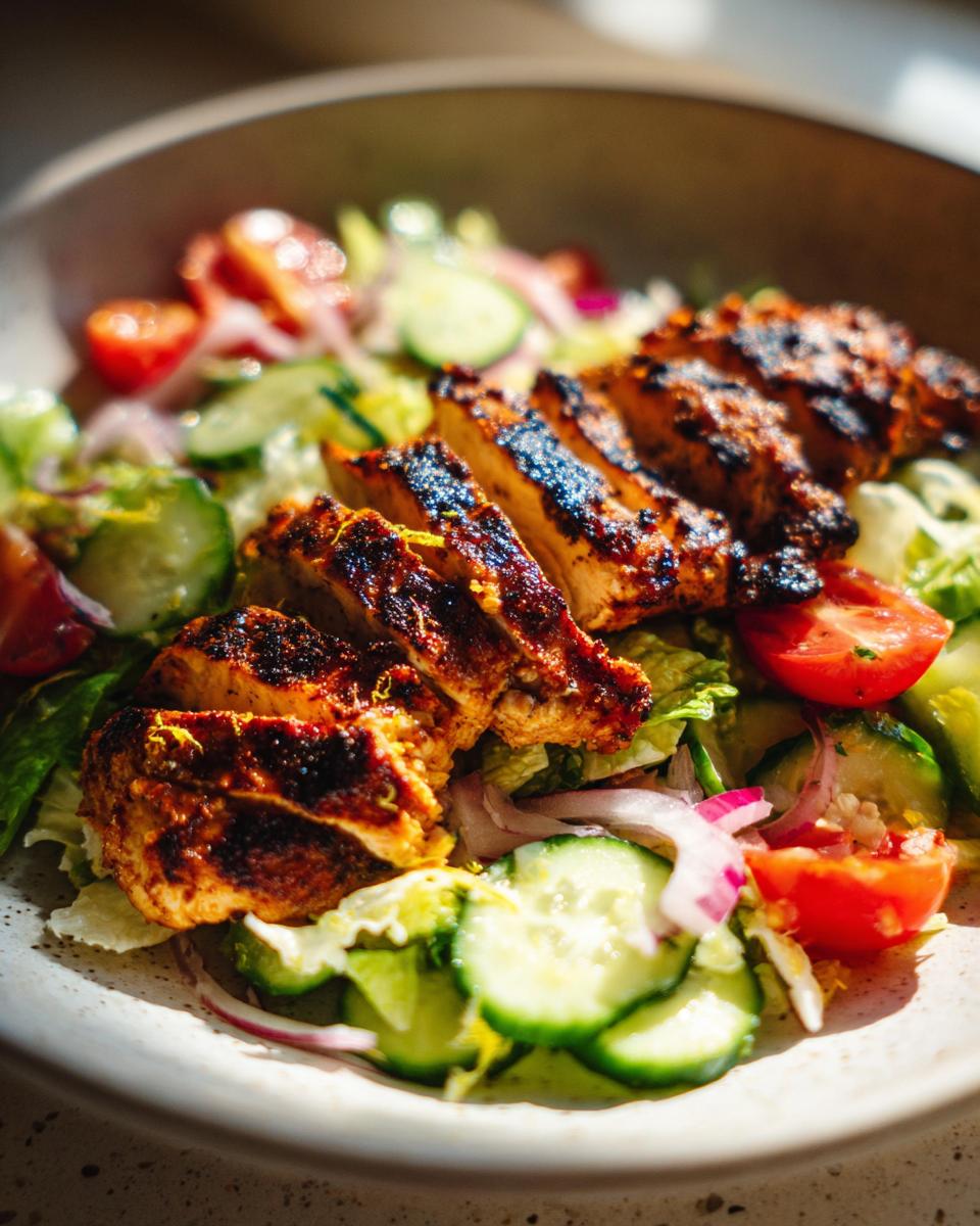 Grilled chicken slices served on a fresh salad with cucumbers, tomatoes, and onions for grilled chicken and salad iftar