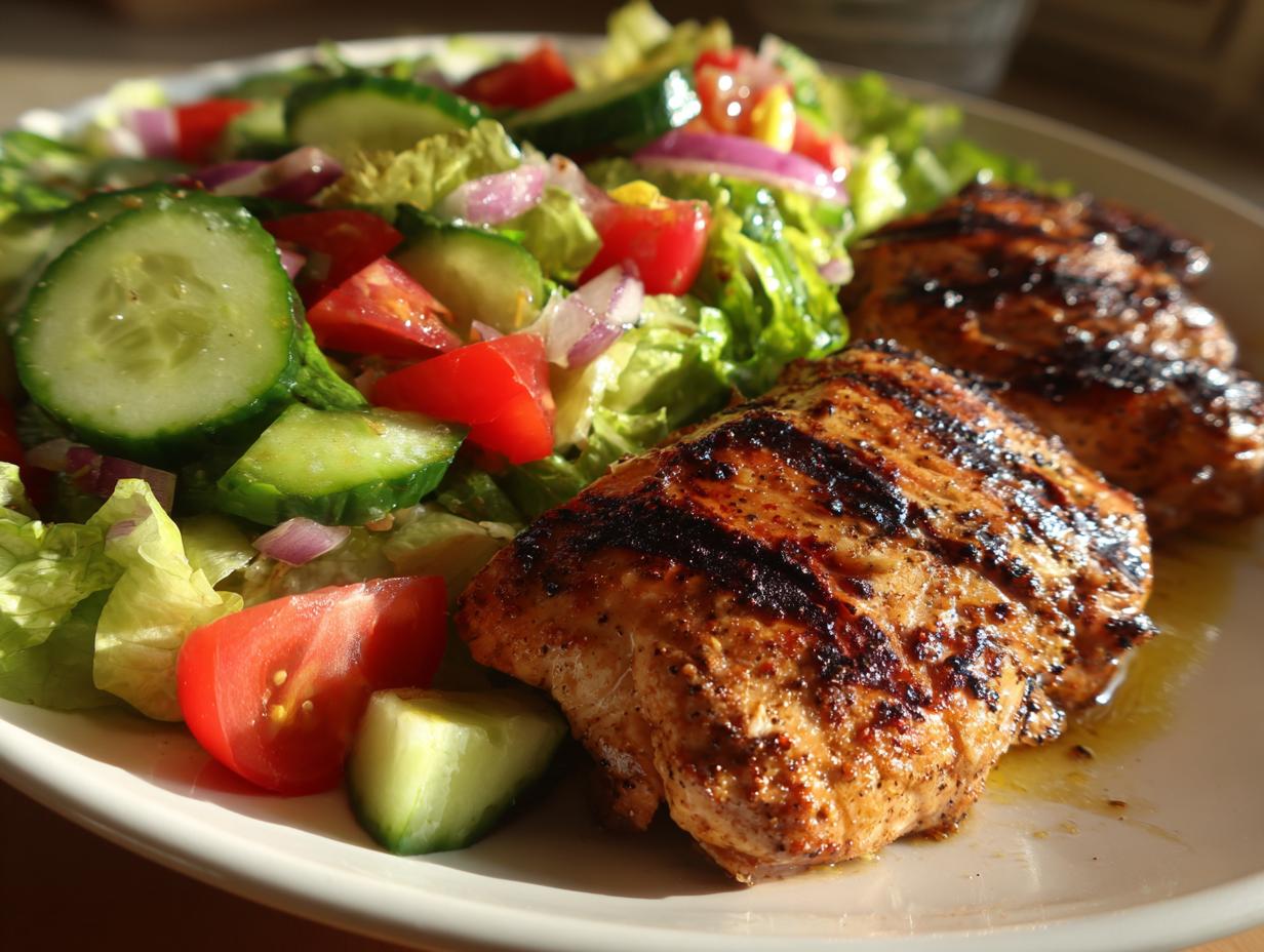 Plate with grilled chicken and fresh salad with cucumbers, tomatoes, and lettuce for grilled chicken and salad iftar