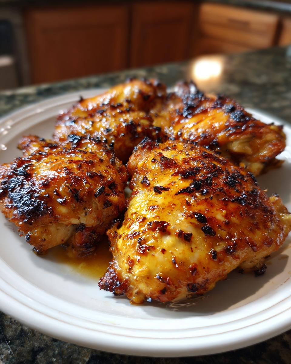 Close-up of grilled chicken thighs with a crispy, seasoned crust on a white plate.