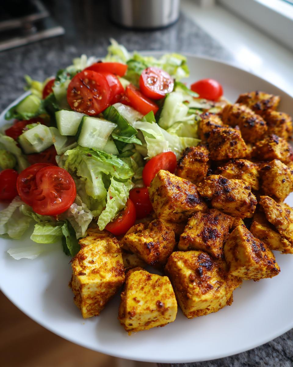 Plate of grilled spiced paneer cubes with fresh lettuce, cucumber, and cherry tomato salad for high protein iftar recipes