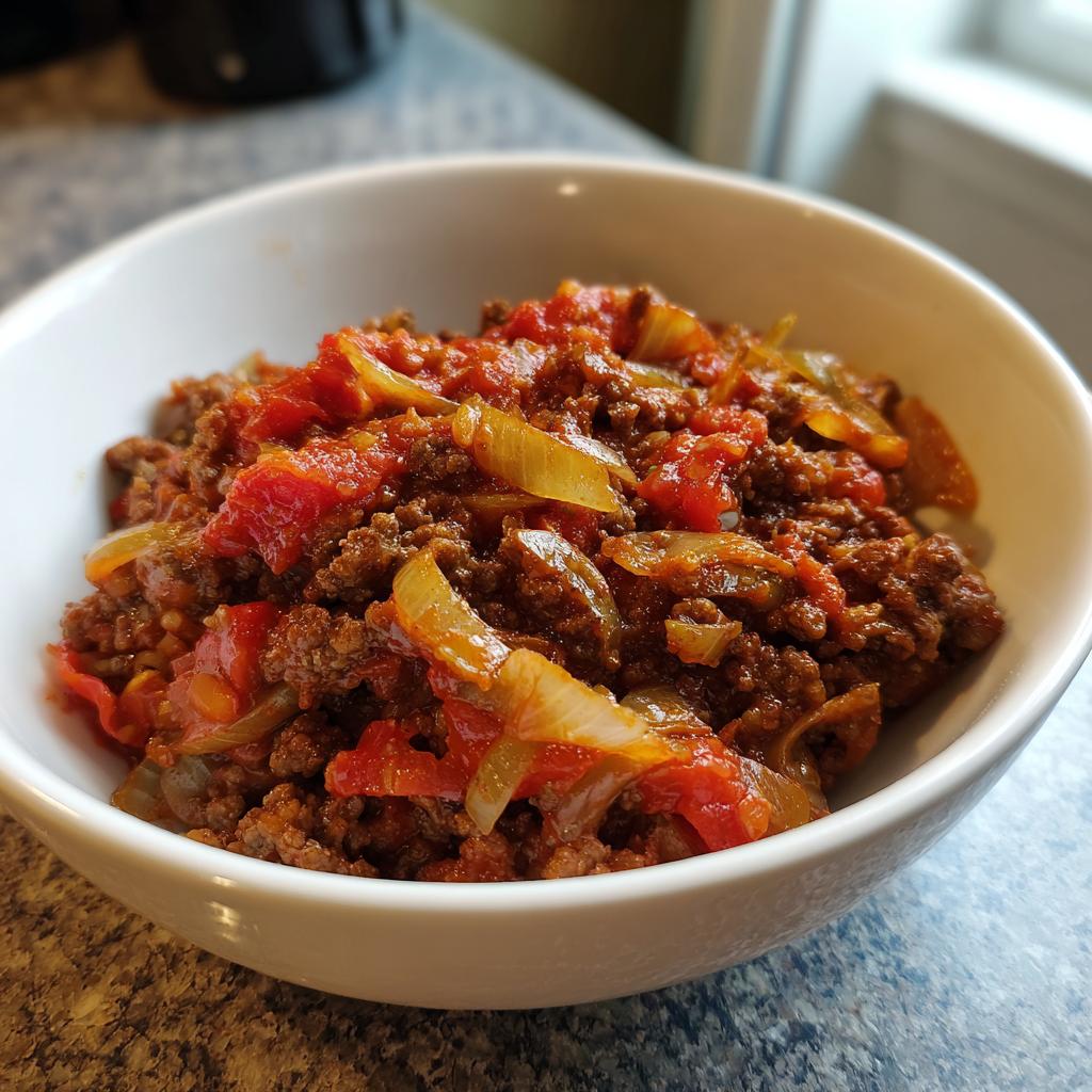Bowl of ground beef cooked with tomatoes and onions, a cozy dinner recipe.