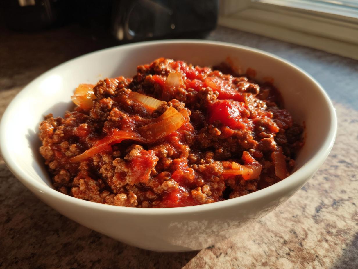 White bowl filled with ground beef tomato stew with onions, perfect for cozy dinner recipes
