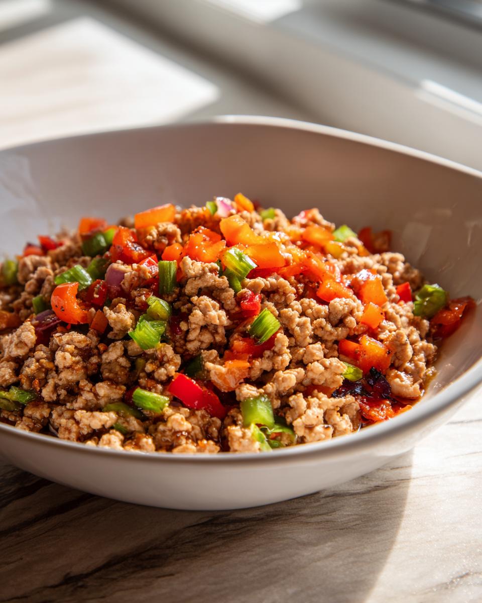 Bowl of cooked ground turkey mixed with red, orange, and green bell peppers.