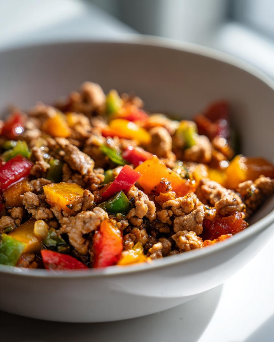 Bowl of ground turkey stir fry with red, yellow, and green bell peppers.