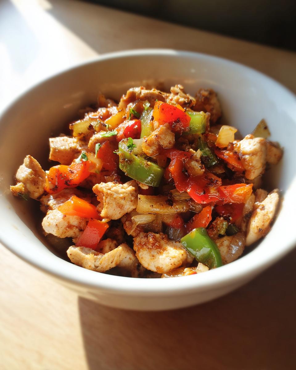 Bowl of ground turkey stir-fry with red and green peppers and onions.