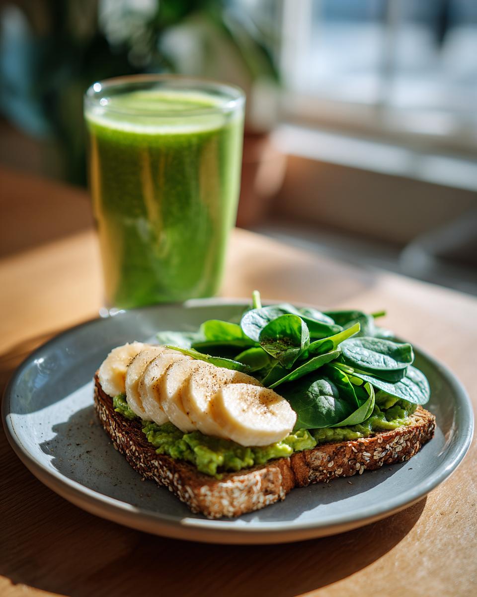 Slice of multigrain toast topped with avocado, spinach, and banana slices with a green smoothie.