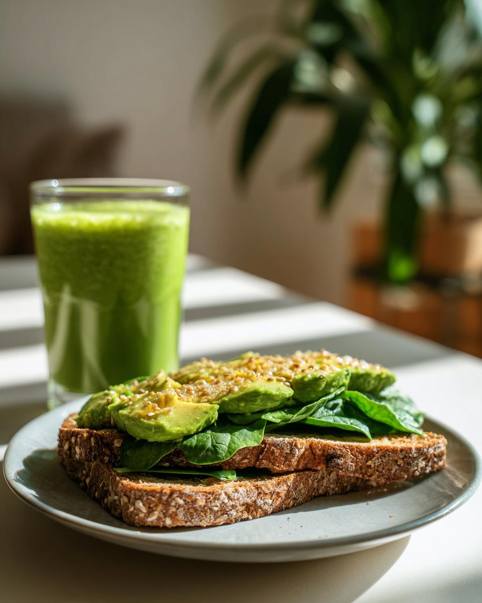 Avocado toast with spinach on whole grain bread and a green smoothie in a glass