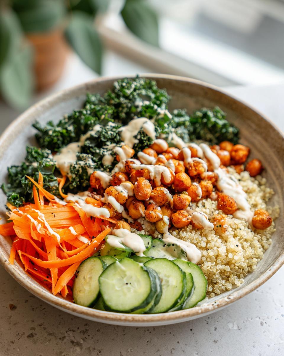 Buddha bowl recipes with quinoa, roasted chickpeas, kale, shredded carrots, cucumber slices, and creamy dressing