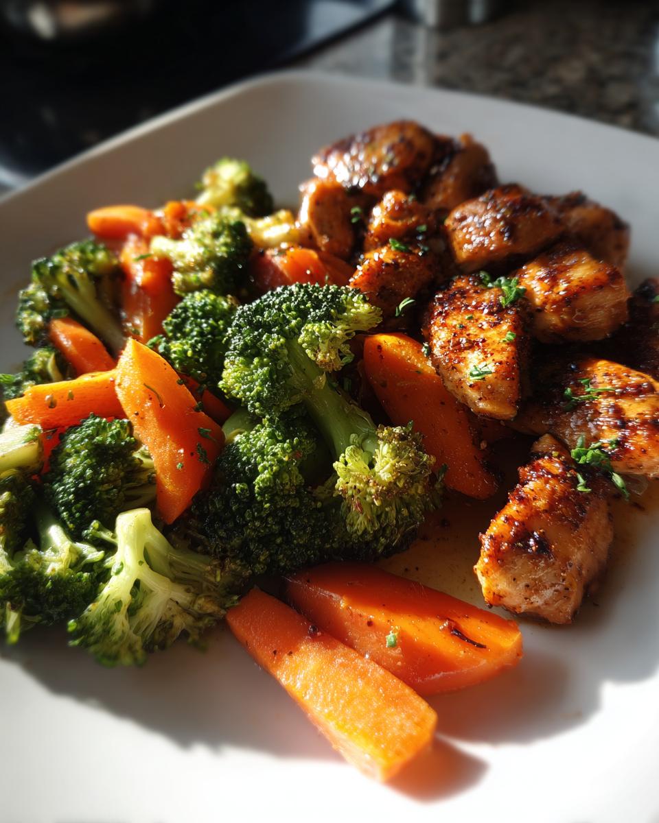 Plate of seasoned grilled chicken with steamed broccoli and carrot sticks.