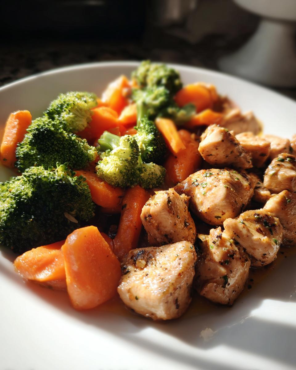 Plate of healthy chicken recipes featuring grilled chicken pieces with broccoli and carrots.