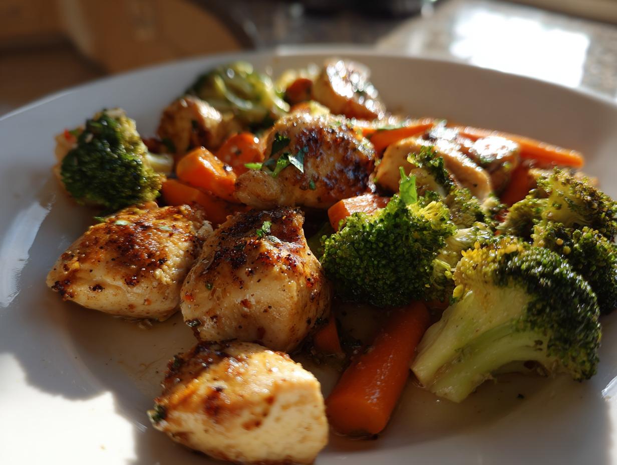 Grilled chicken pieces with broccoli and carrots on a white plate, healthy chicken recipes