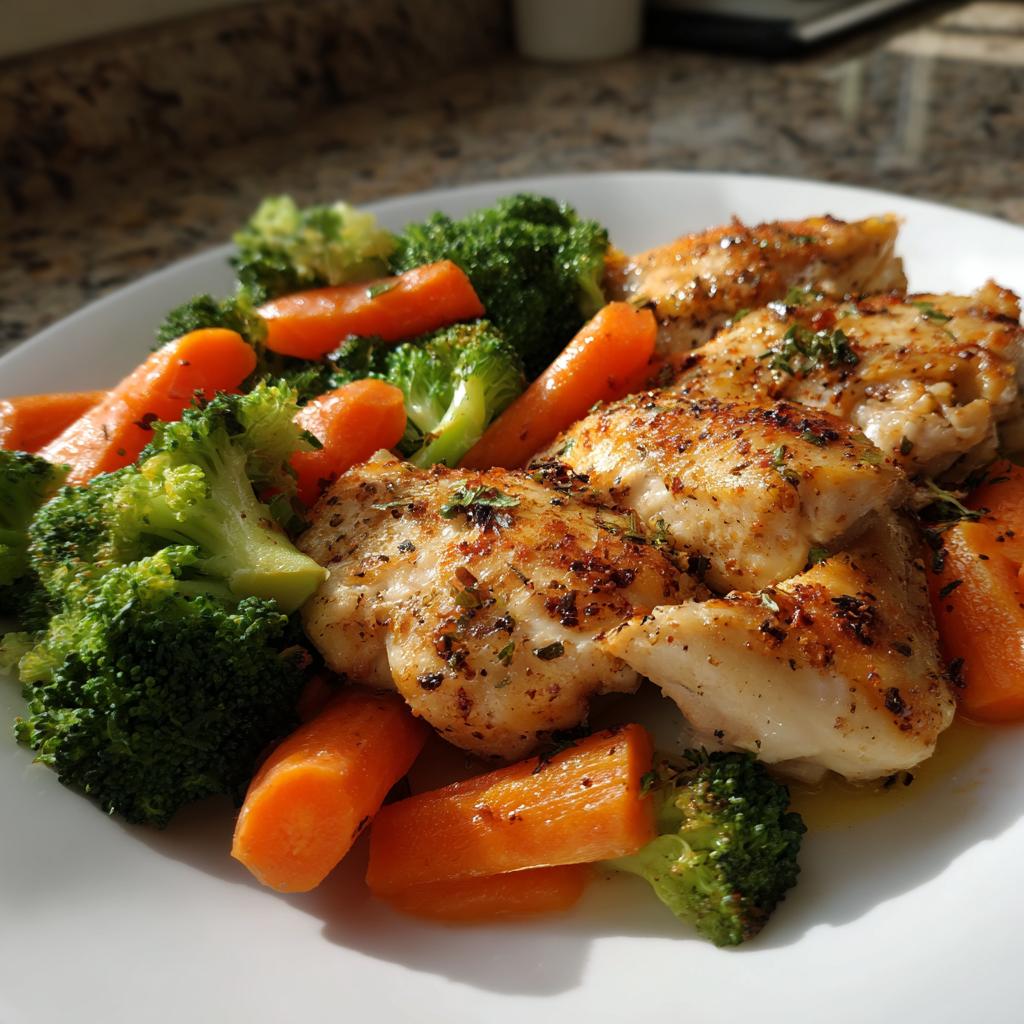 Grilled chicken breast pieces served with steamed broccoli and carrots on a white plate.
