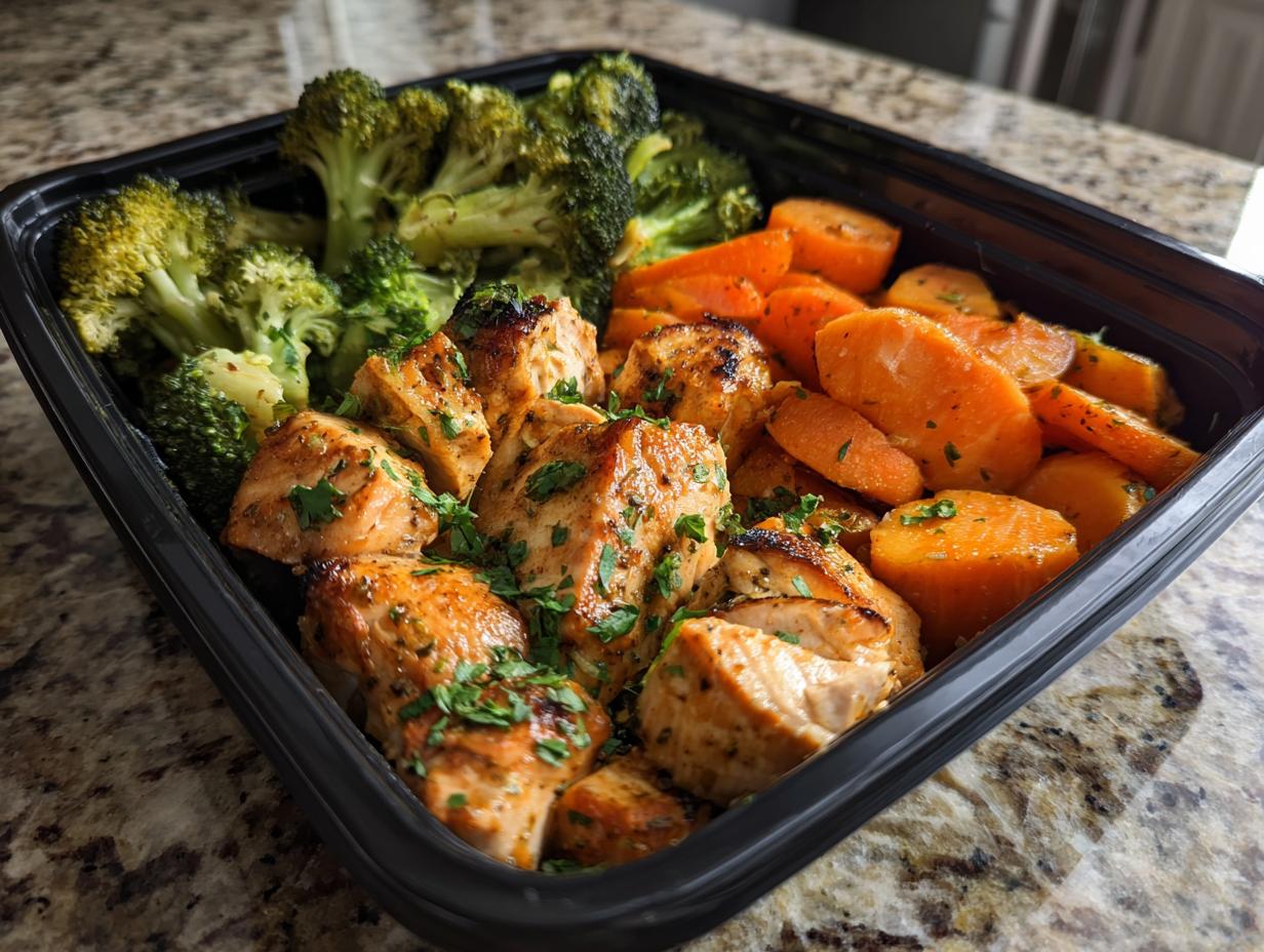 Meal prep container with grilled chicken, steamed broccoli, and cooked carrots.