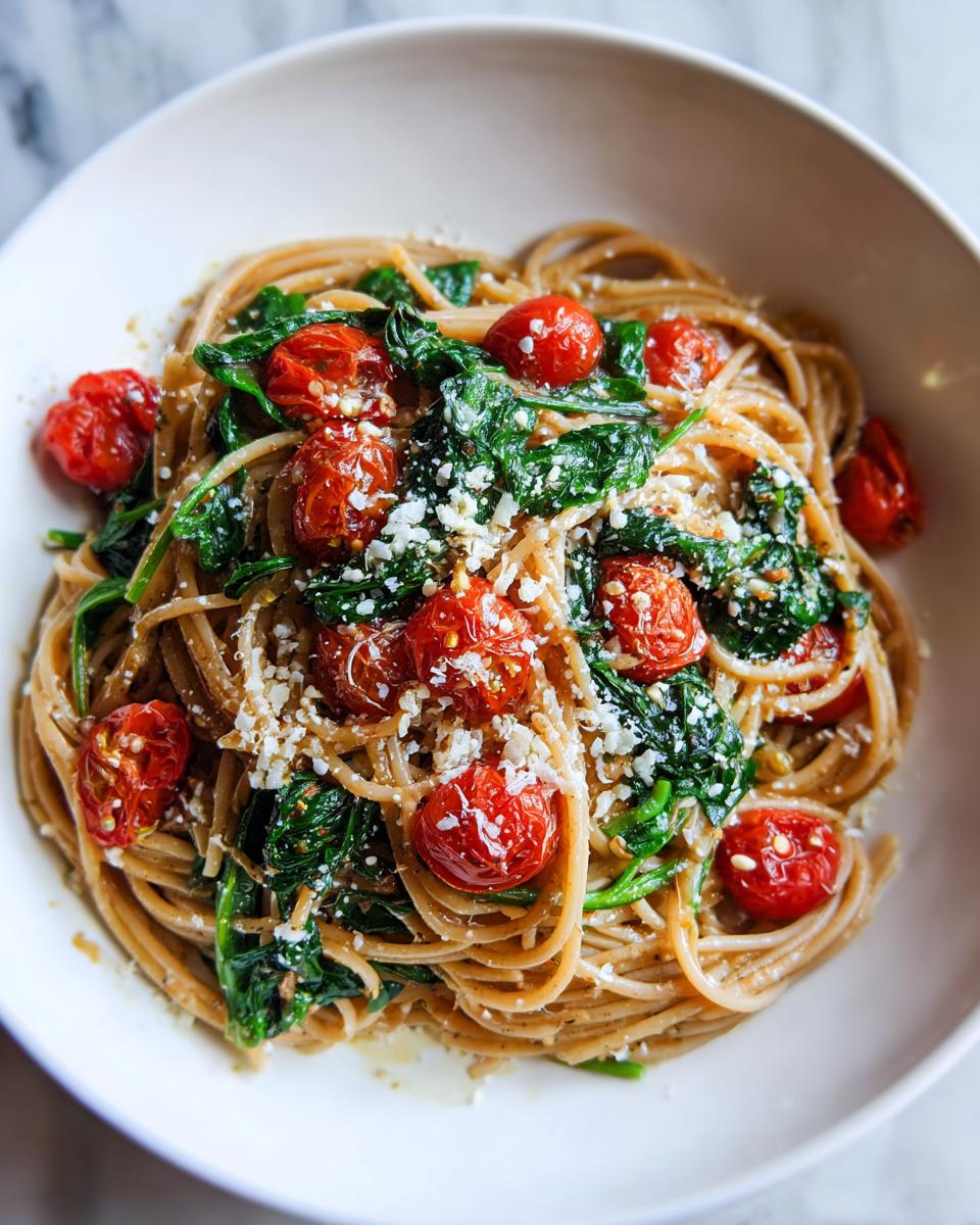 Bowl of healthy pasta recipes with spinach, cherry tomatoes, and grated cheese